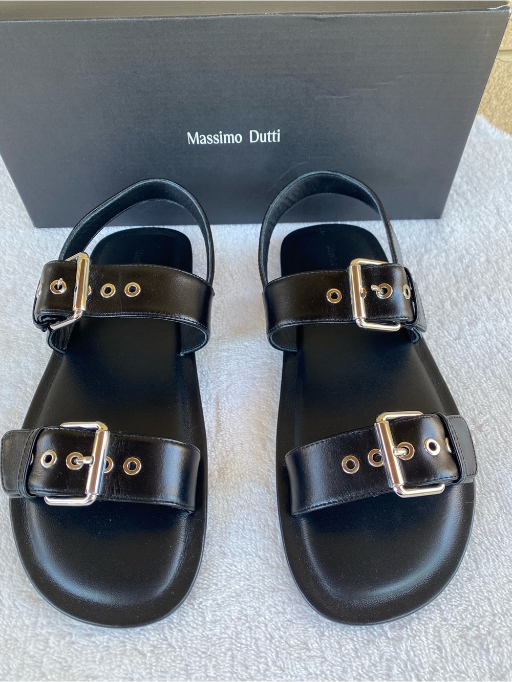 Massimo Dutti Black Leather Double-Buckle Sandals